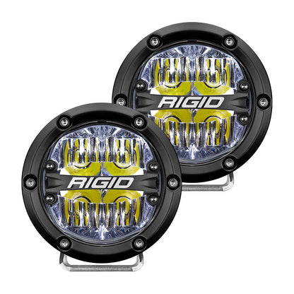 Rigid LED off-road lights with black housing and yellow accents for vehicle illumination