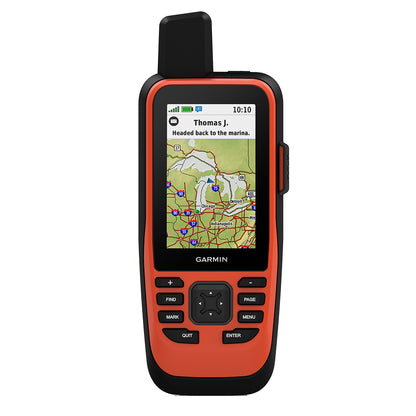 Garmin handheld GPS with map display showing Chicago, Detroit, Indianapolis routes for outdoor navigation