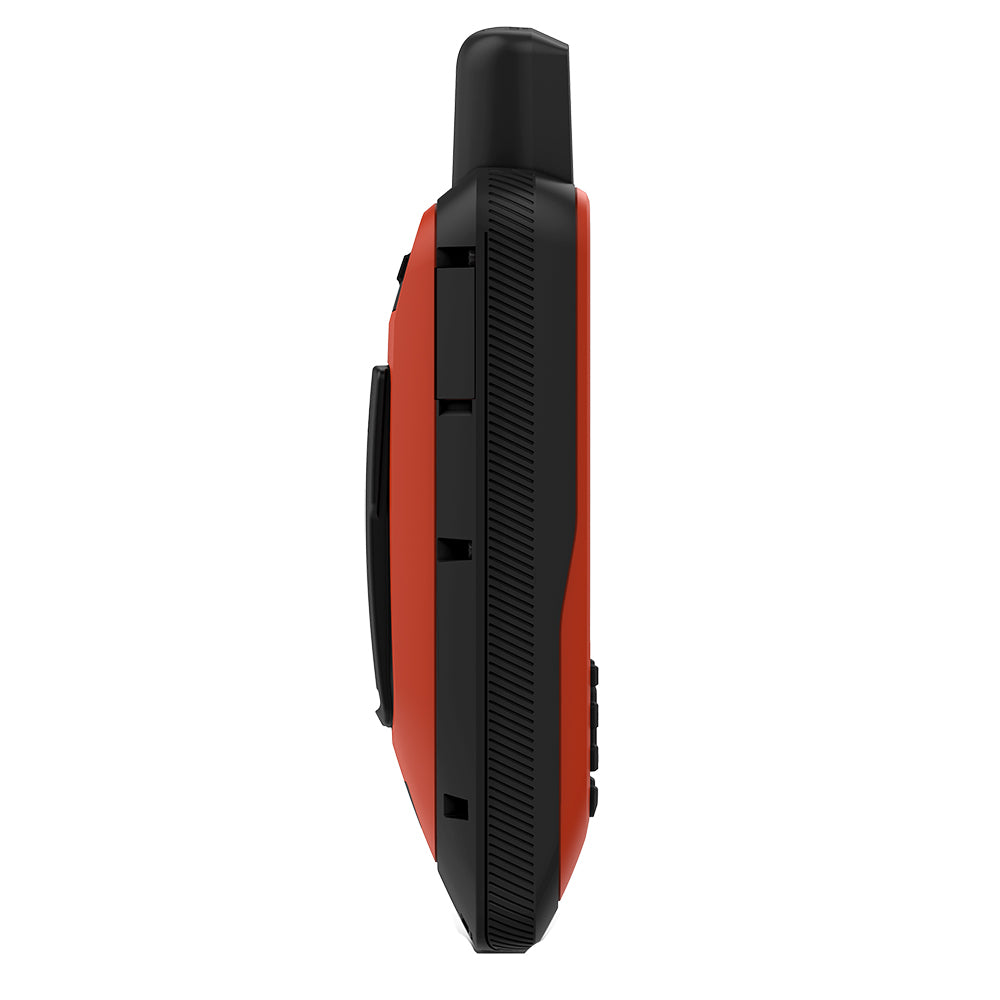Red and black rugged handheld device with textured grip and side buttons