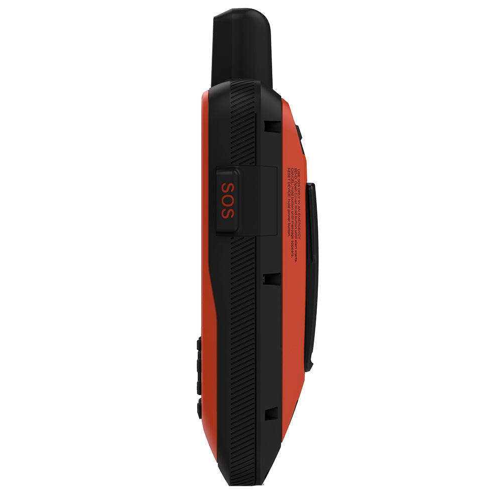 Red and black emergency SOS device with textured grip and side button