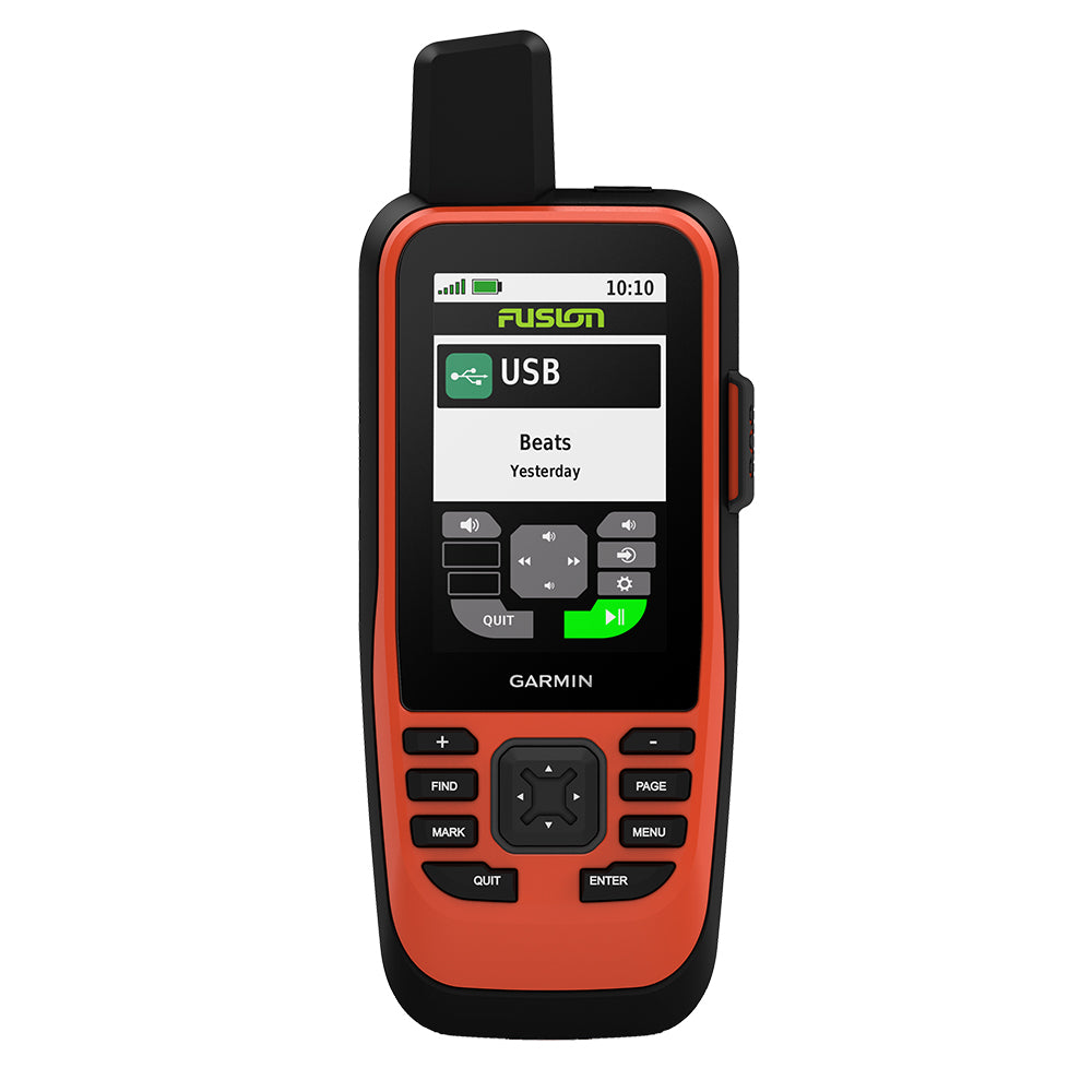 Garmin inReach Mini 2 satellite communicator with USB music playback, orange and black design