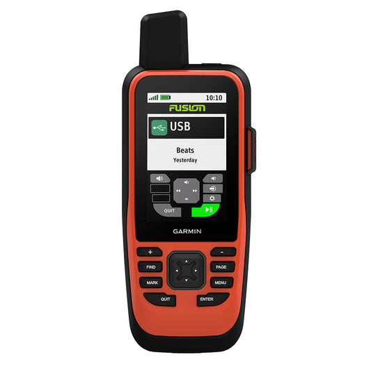 Garmin inReach Mini 2 satellite communicator with USB music playback, orange and black design