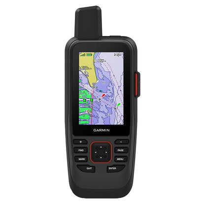 Garmin handheld GPS device displaying marine navigation map with depth and route tracking