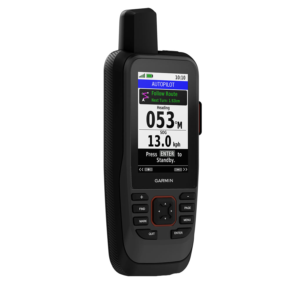 Garmin handheld GPS device displaying autopilot navigation with speed and heading details