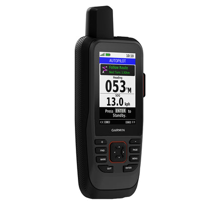 Garmin handheld GPS device displaying autopilot navigation with speed and heading details