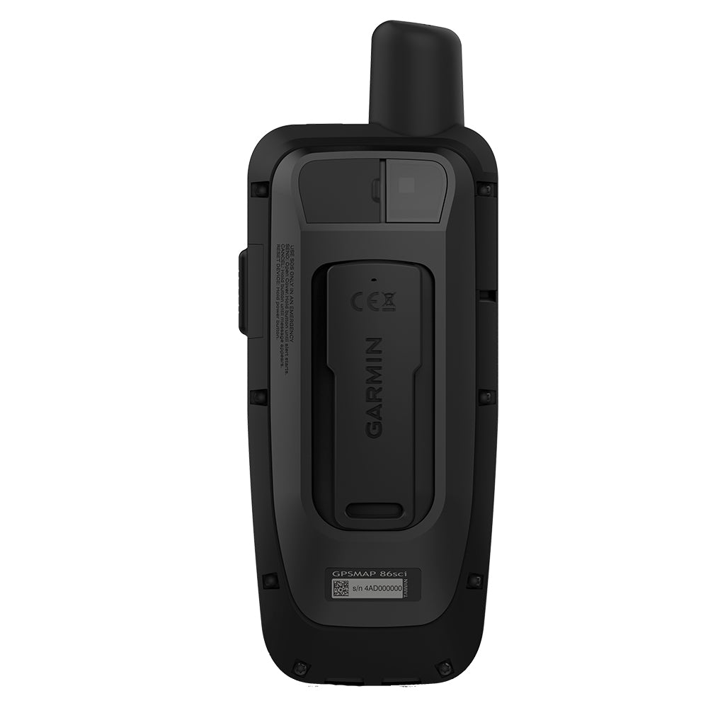 Garmin GPSMAP 86sci handheld GPS device back view with antenna and battery compartment