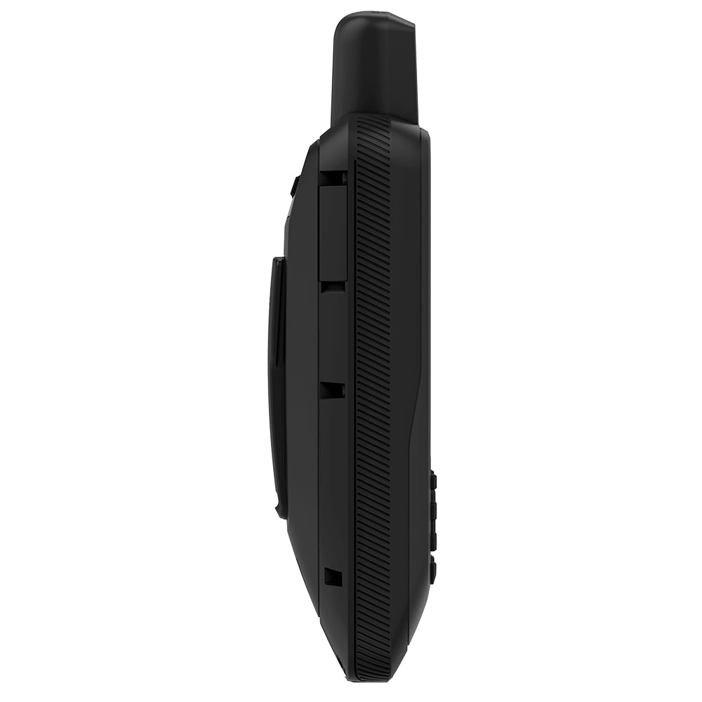 Black portable audio device side view with textured grip and antenna