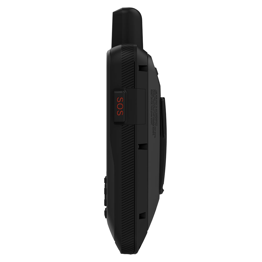 Black emergency SOS button device with textured grip, side view