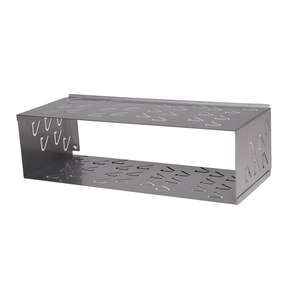 Metal cable management tray with V-shaped cutouts for auto or home audio installation