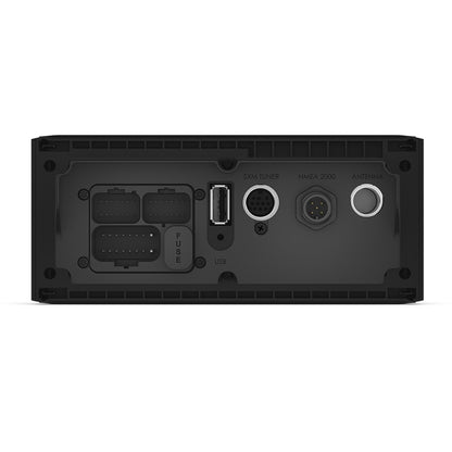 Rear panel of marine audio receiver with USB, SXM tuner, NMEA 2000, and antenna ports for boat stereo installation