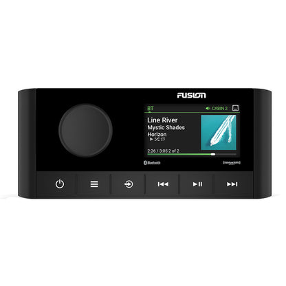 Fusion marine stereo with Bluetooth and SiriusXM, displaying music playback on sleek black interface