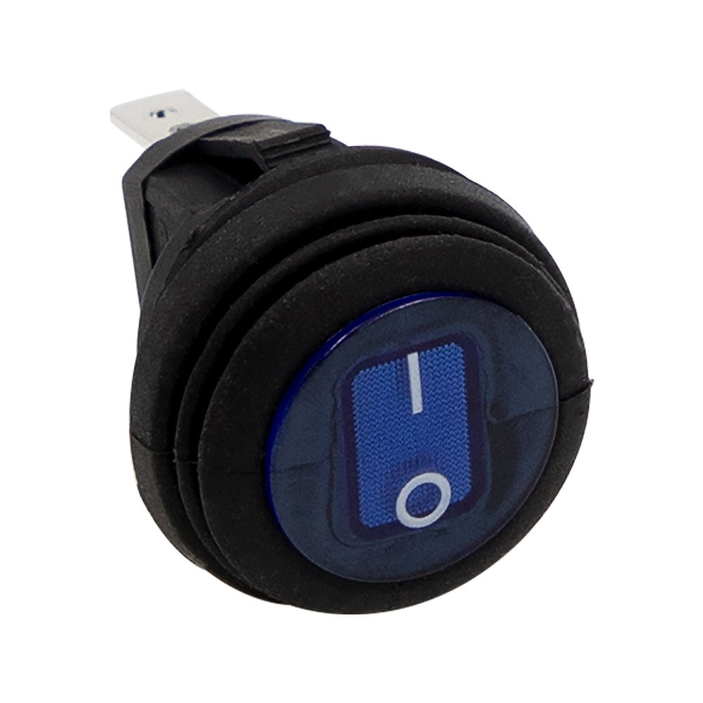 Black push button switch with blue illuminated ON/OFF indicator for car audio or electrical systems
