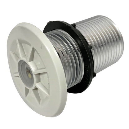 White LED marine thru-hull light with clear lens and black mounting ring for boat installation