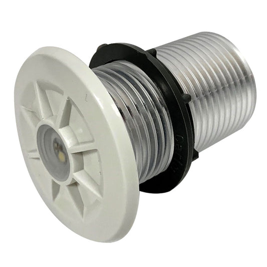 White LED marine thru-hull light with clear lens and black mounting ring for boat installation
