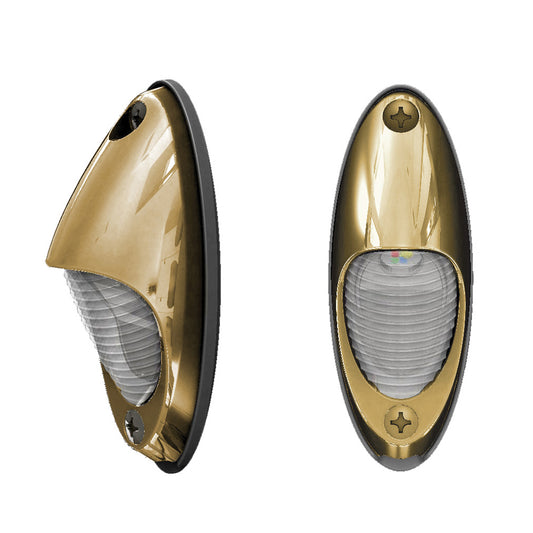 Gold marine LED navigation lights with clear lens, side and front views