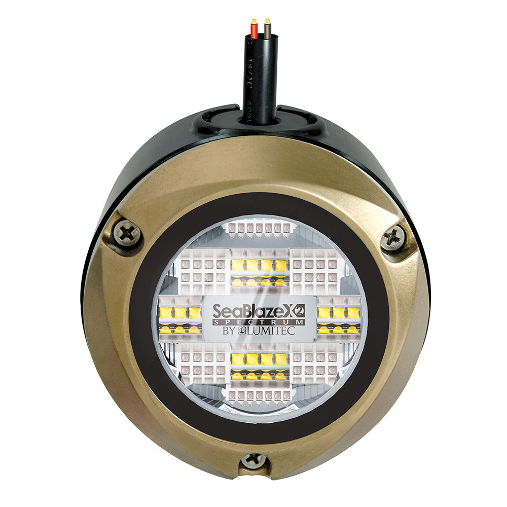 SeaBlazeX2 Spectrum LED underwater light by Lumitec, gold trim, marine lighting