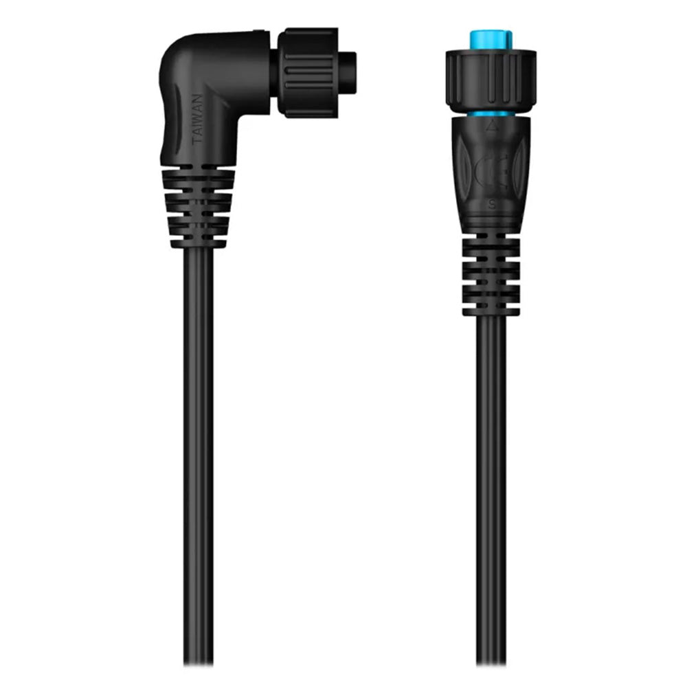 Black audio cable with right-angle and straight connectors, blue accent, CE marked