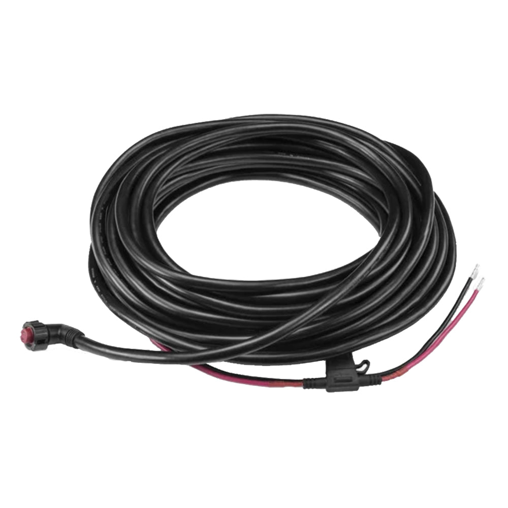 Coiled black automotive wiring harness with red/black leads and connector for car audio installation