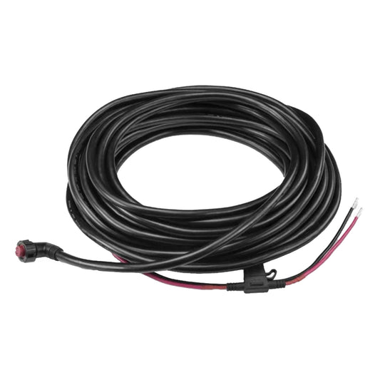 Coiled black automotive wiring harness with red/black leads and connector for car audio installation