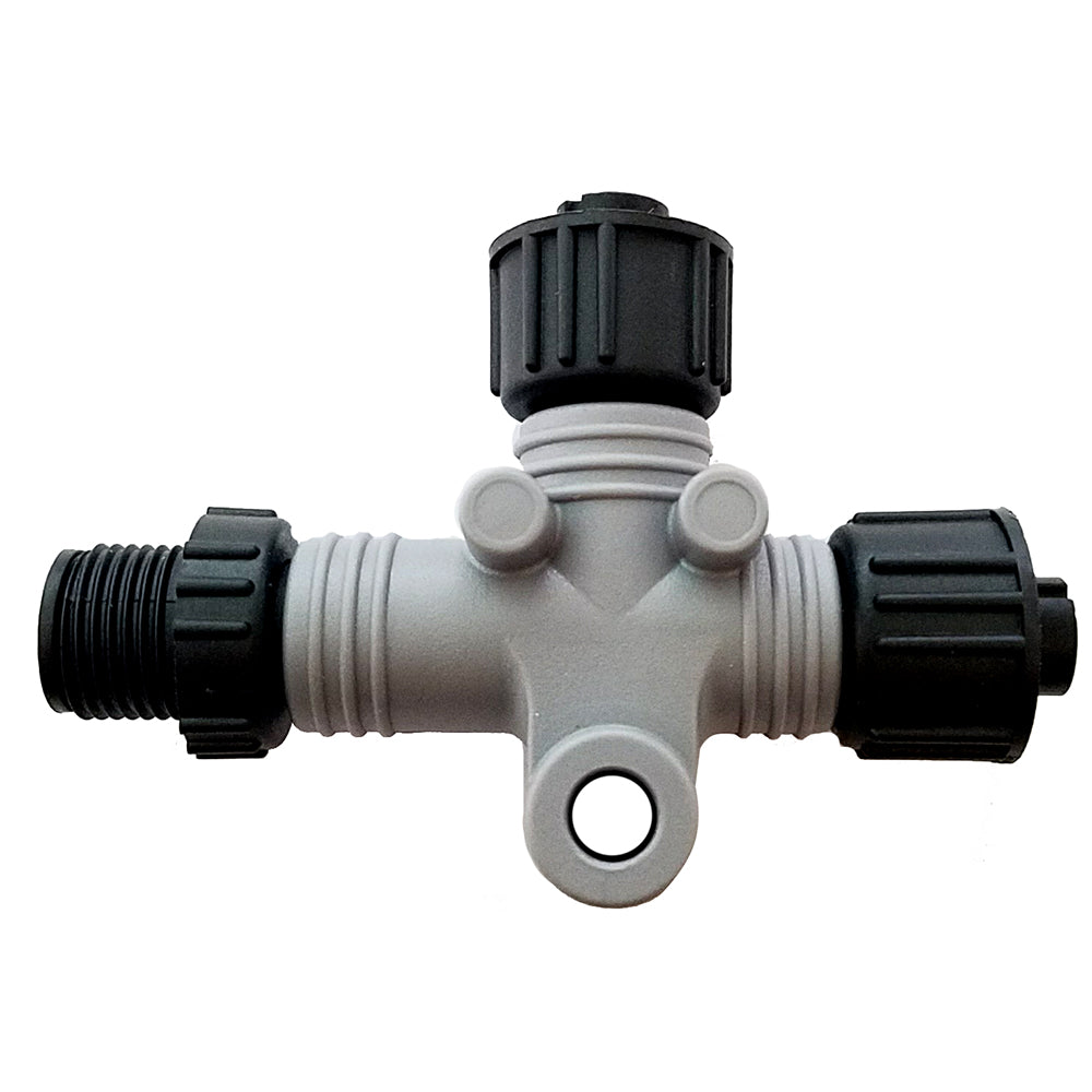 Gray plastic 3-way hose connector with black threaded fittings for irrigation or water systems