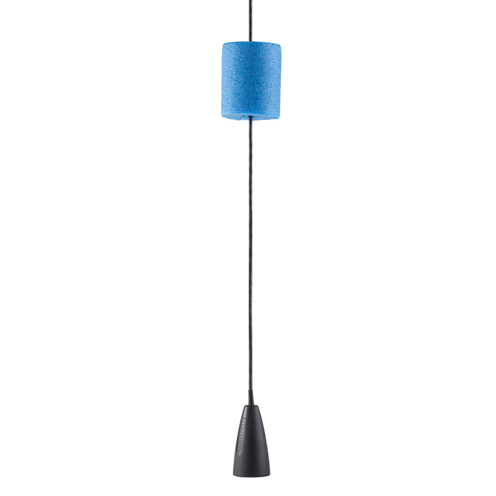 Blue foam float with black Garmin transducer on cable for marine sonar installation