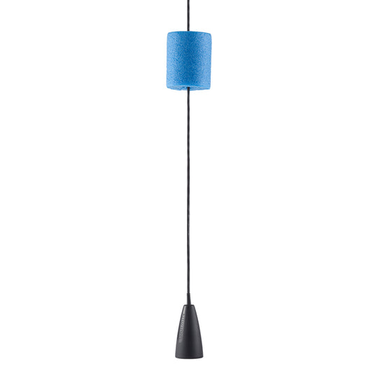 Blue foam float with black Garmin transducer on cable for marine sonar installation
