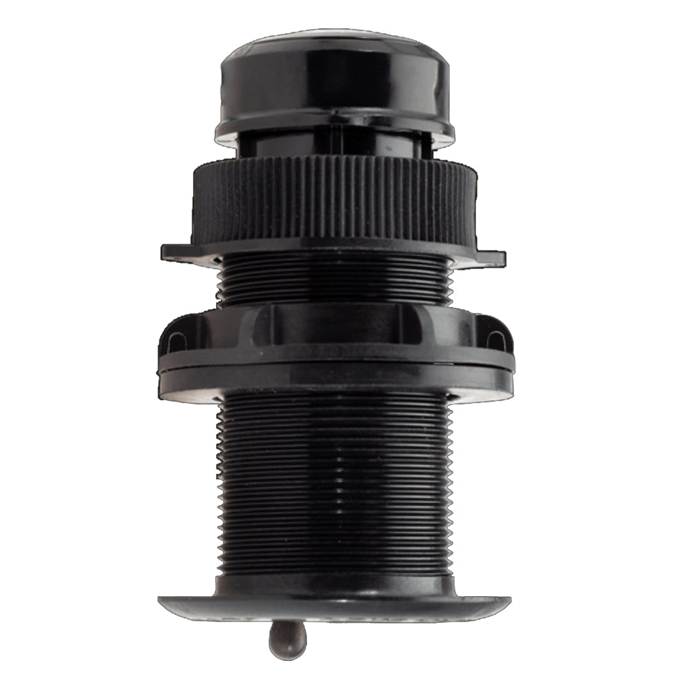 Black marine-grade through-hull fitting with threaded housing and secure cap for boat installations