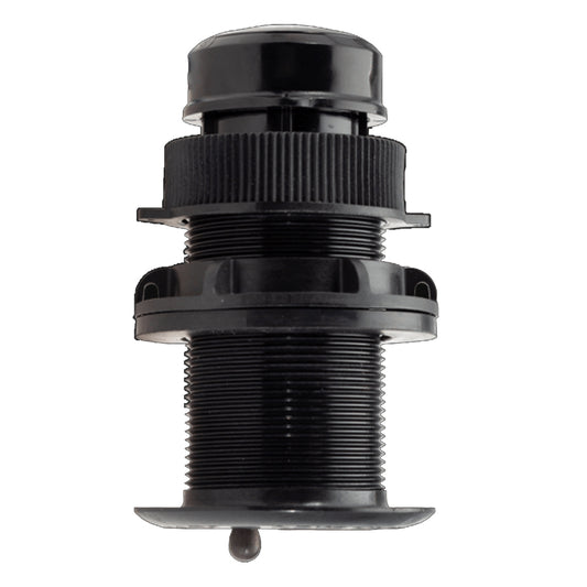 Black marine-grade through-hull fitting with threaded housing and secure cap for boat installations