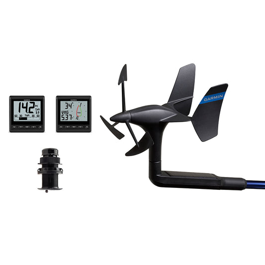 Garmin marine wind sensor with dual displays showing speed and direction for boating navigation