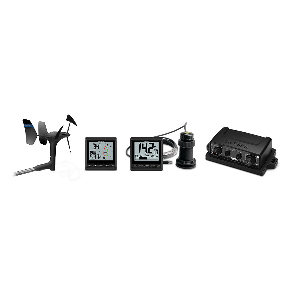 Garmin marine navigation system with wind sensor, speed display, and control unit for boating