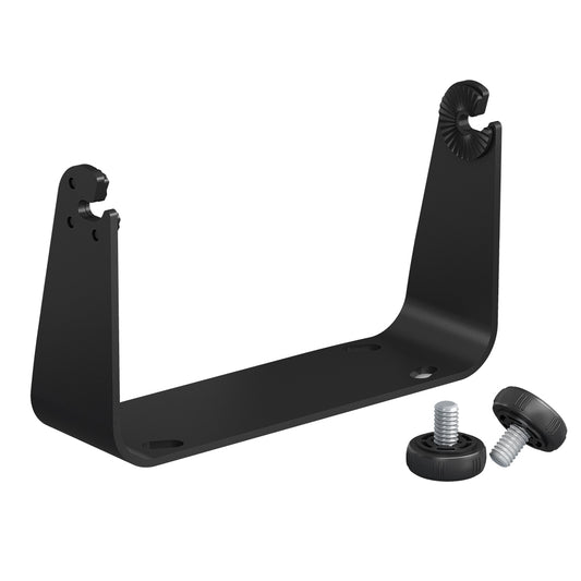 Black metal mounting bracket with adjustment knobs for audio or car stereo installation