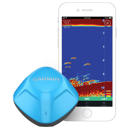 Garmin portable fish finder with smartphone app displaying depth, temperature, and fish icons