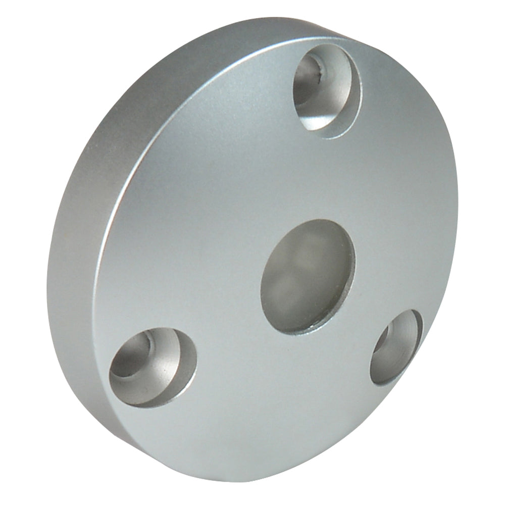 Silver aluminum speaker mounting adapter plate with three screw holes and center cutout