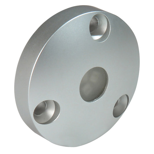 Silver aluminum speaker mounting adapter plate with three screw holes and center cutout