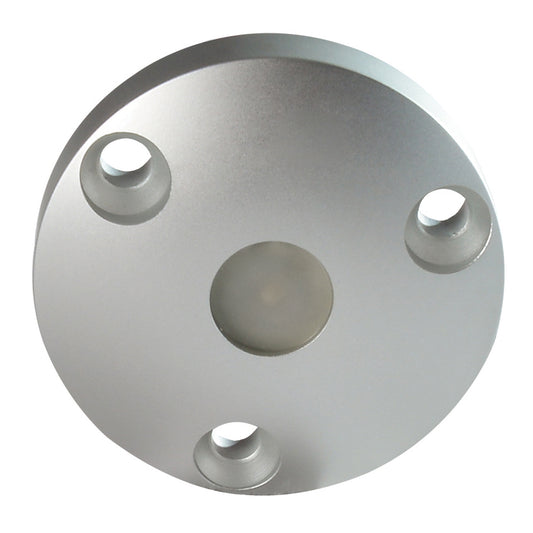 Silver circular metal mounting plate with three raised bolt holes and center cutout for audio or auto installation
