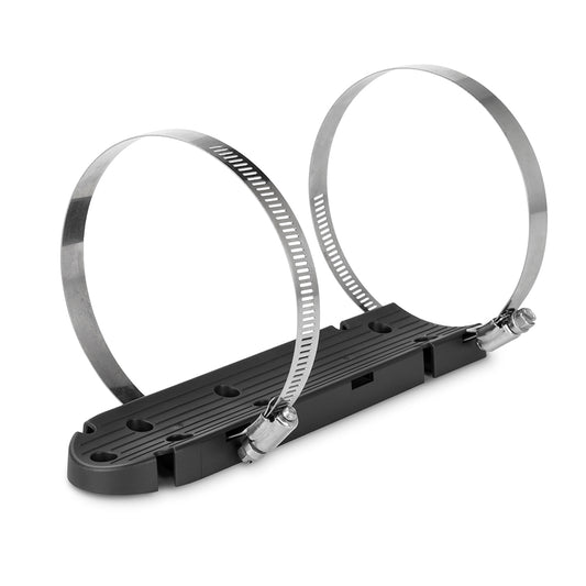 Black plastic dual hose clamp bracket with stainless steel clamps for auto audio installation