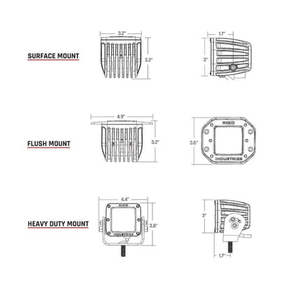 Rigid Industries LED light mounting options: surface, flush, and heavy duty with dimensions