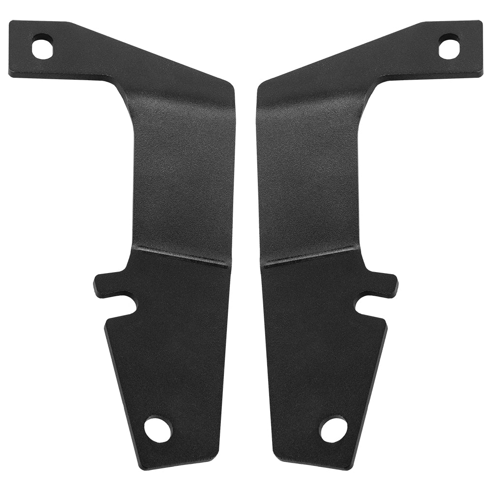 Black metal mounting brackets for car audio or auto installation, precision-cut with mounting holes.