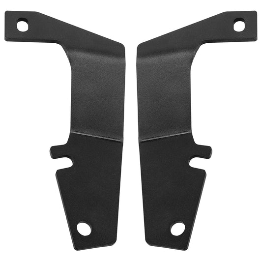 Black metal mounting brackets for car audio or auto installation, precision-cut with mounting holes.