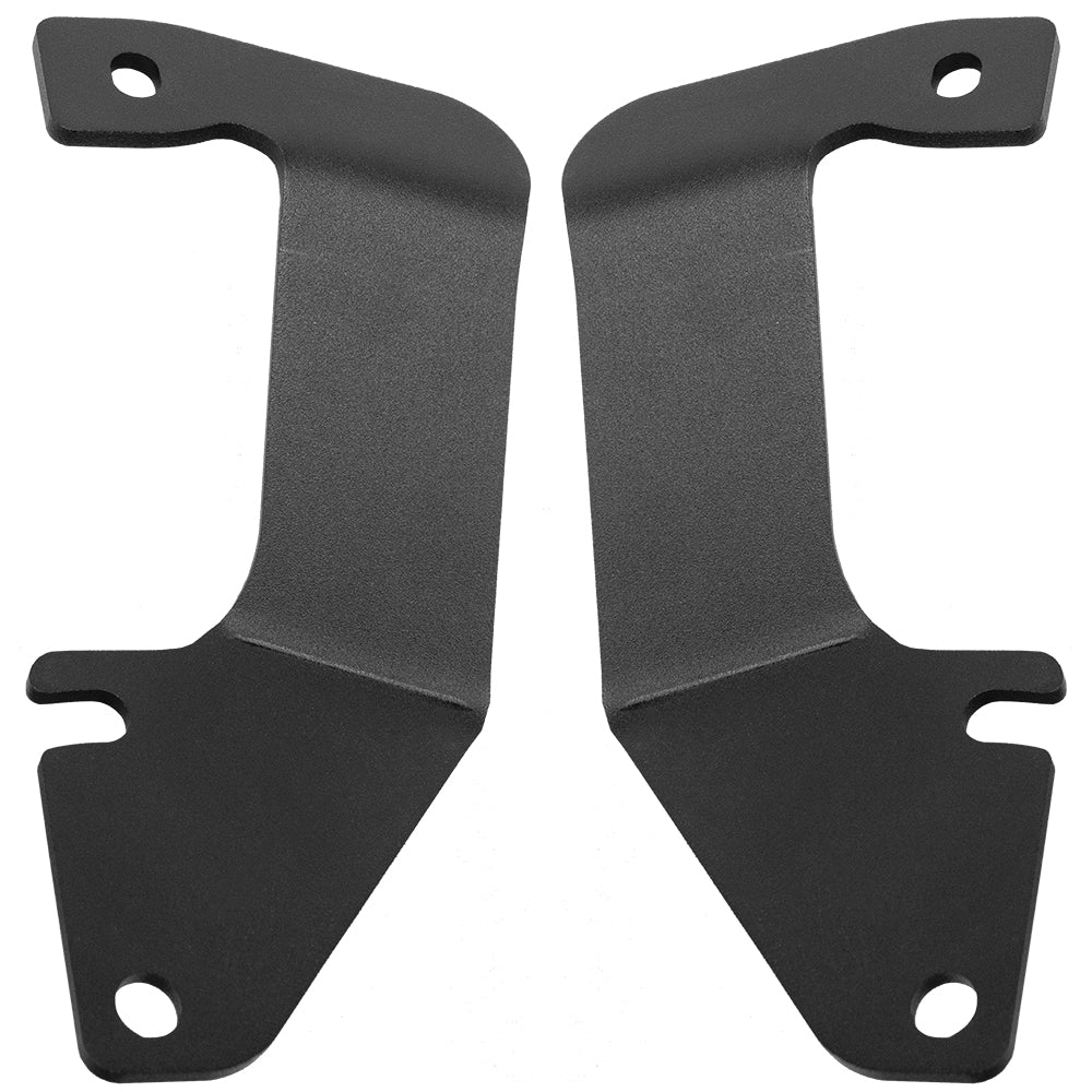 Black metal mounting brackets for car audio or vehicle accessories, precision-cut with mounting holes.