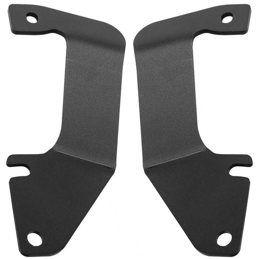 Black metal mounting brackets for car audio or vehicle accessories, precision-cut with mounting holes.