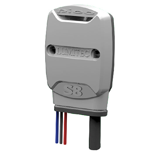 Lumitec Pico S8 marine LED light with blue, black, red wires for boat lighting installation