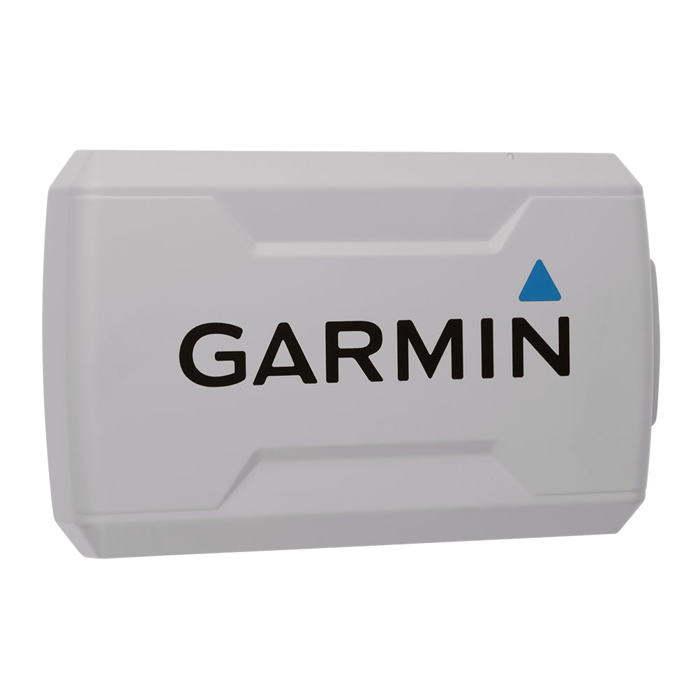 Garmin marine electronics device with blue triangle logo, compact gray housing for boating navigation