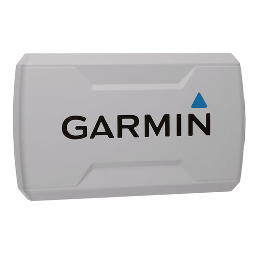 Garmin marine GPS device with blue triangle logo, compact gray housing for boating navigation