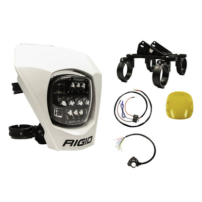 Rigid Adapt LED light kit with mounting brackets, wiring harness, and yellow lens for off-road vehicle lighting