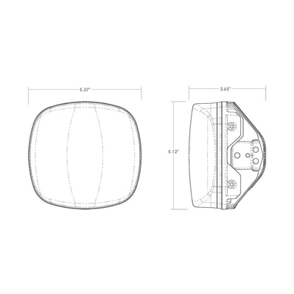 Technical diagram showing dimensions of a car audio speaker component, 5.37" x 5.12" x 3.65".