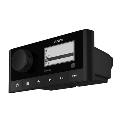 Fusion marine stereo with Bluetooth, AM/FM, AUX, DAB, and control buttons for boat audio systems