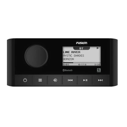 Fusion marine stereo with Bluetooth, displaying track info and control buttons for boat audio systems