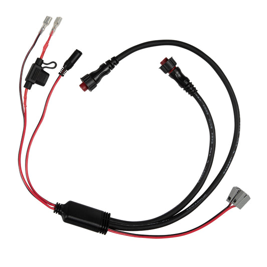 Black and red automotive wiring harness with connectors for car audio or lighting installation