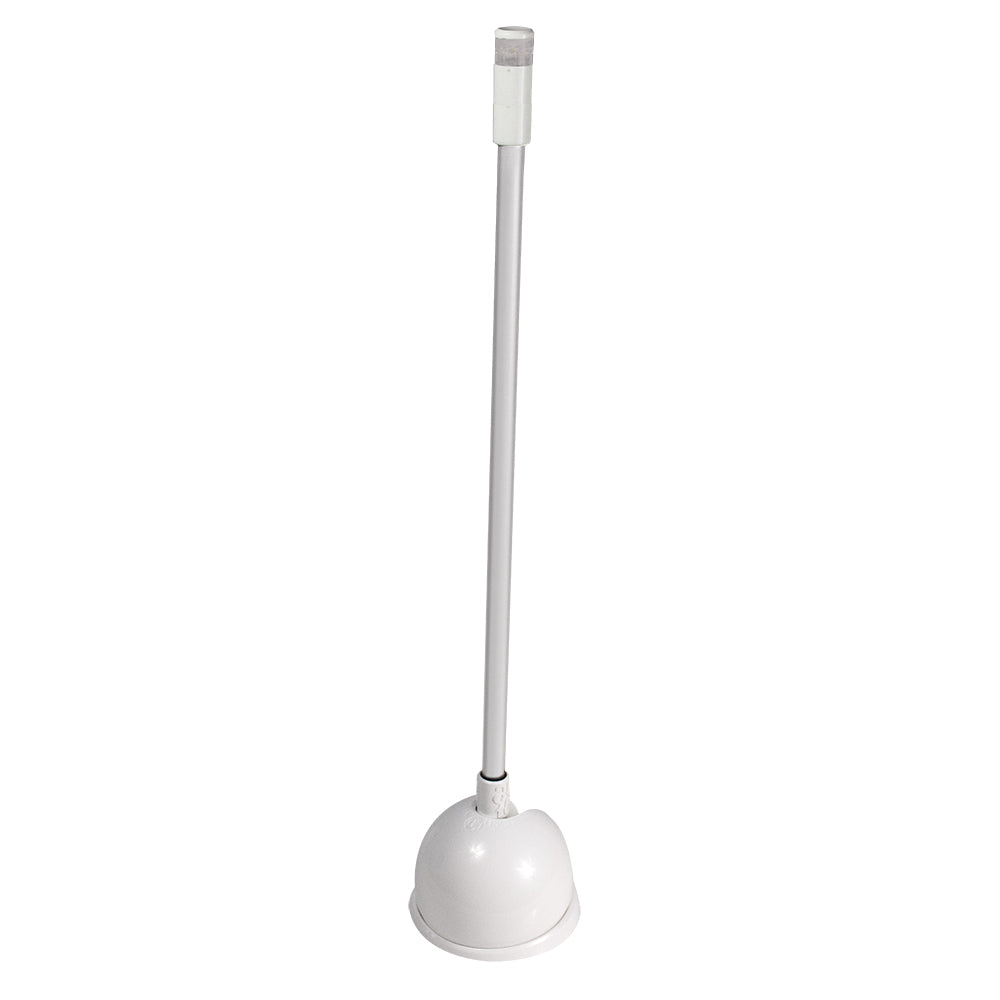White toilet plunger with long handle for bathroom cleaning and clog removal